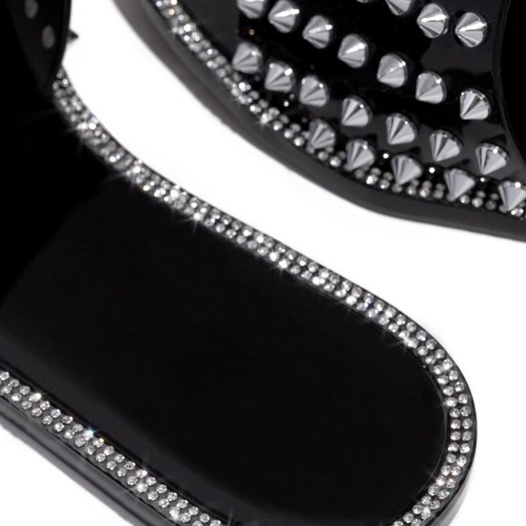 NEW🔥 Silver Spike Studded Rhinestone Trim Open Toe Slide Jelly Flat Sandals - Picture 5 of 5